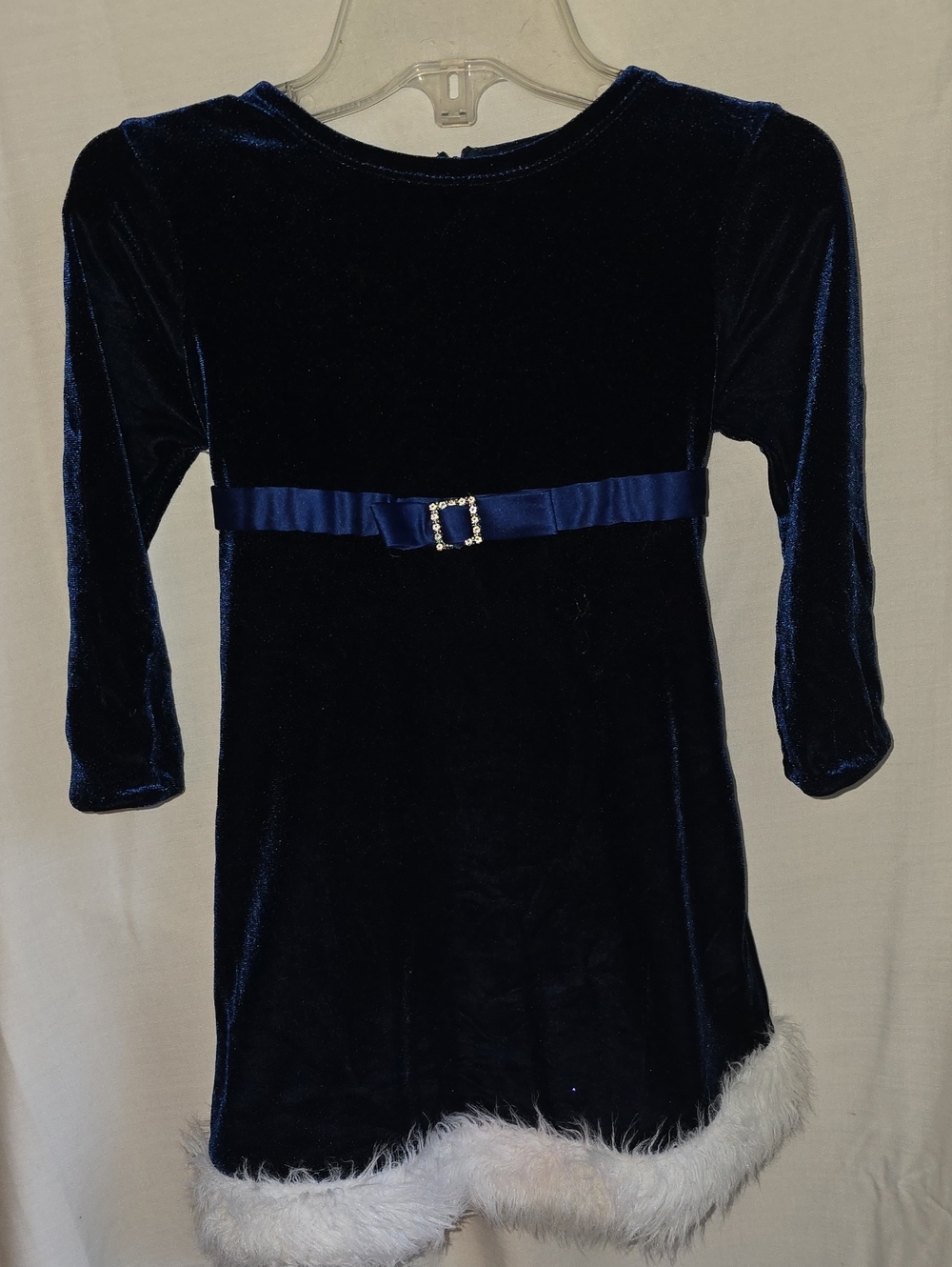 Bonnie Jean Navy Velvet Dress with White Faux Fur Trim